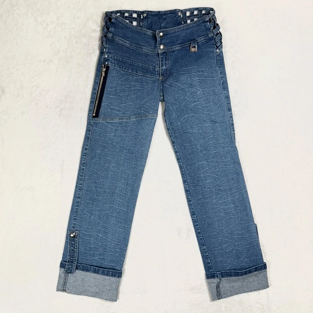 Y2K‎ 90s Cut Out Caged Waist Low Rise Jeans 4 2 Cuffed Convertible Rave Vintage
